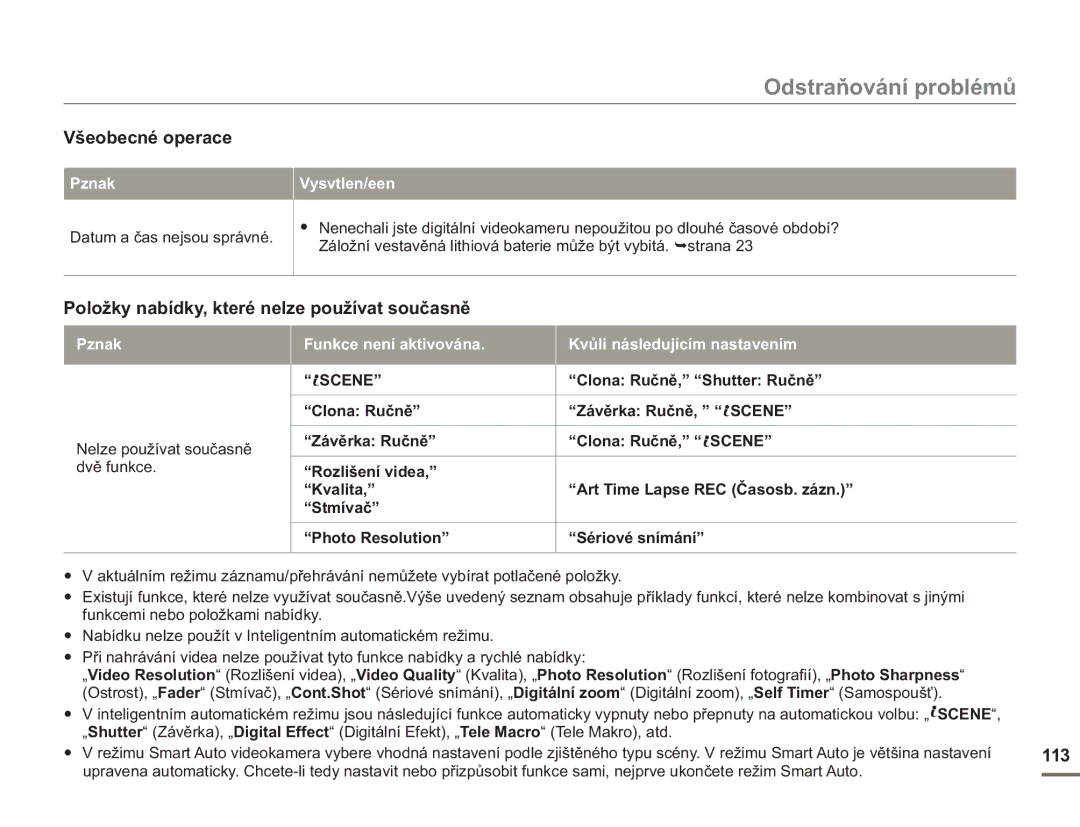 Samsung HMX-H400BP/EDC Datum a čas nejsou správné, Nelze používat současně dvě funkce, Clona Ručně, Shutter Ručně, 113 
