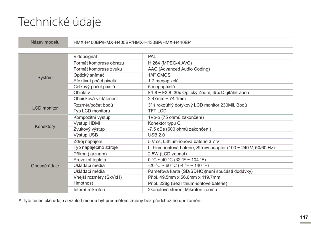 Samsung HMX-H400BP/EDC manual Technické údaje, Název modelu, Systém LCD monitor Konektory Obecné údaje Videosignál 