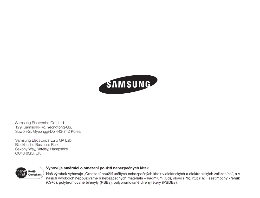 Samsung HMX-H400BP/EDC manual Vyhovuje směrnici o omezení použití nebezpečných látek 