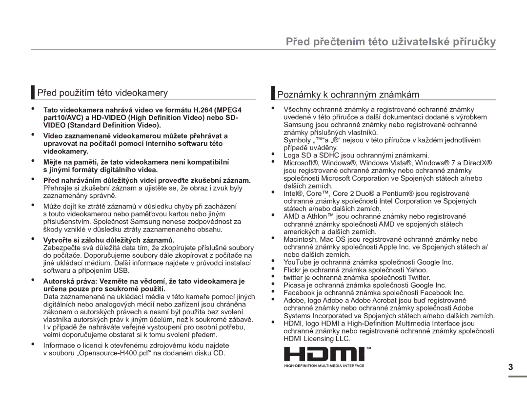 Samsung HMX-H400BP/EDC manual Před přečtením této uživatelské příručky 