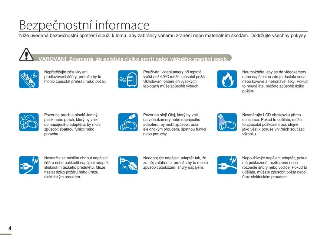 Samsung HMX-H400BP/EDC manual Bezpečnostní informace 