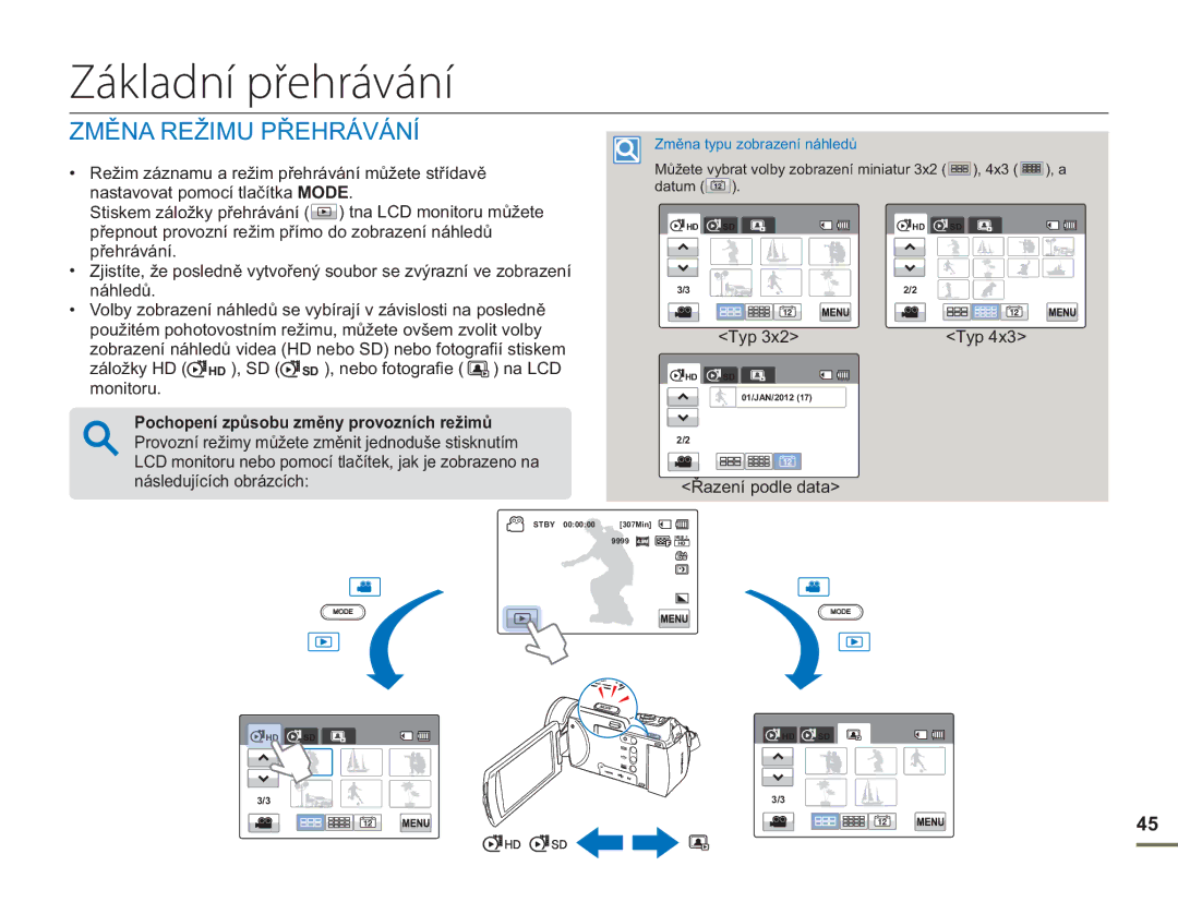 Samsung HMX-H400BP/EDC manual Základní přehrávání, Změna Režimu Přehrávání, Typ, Řazení podle data 