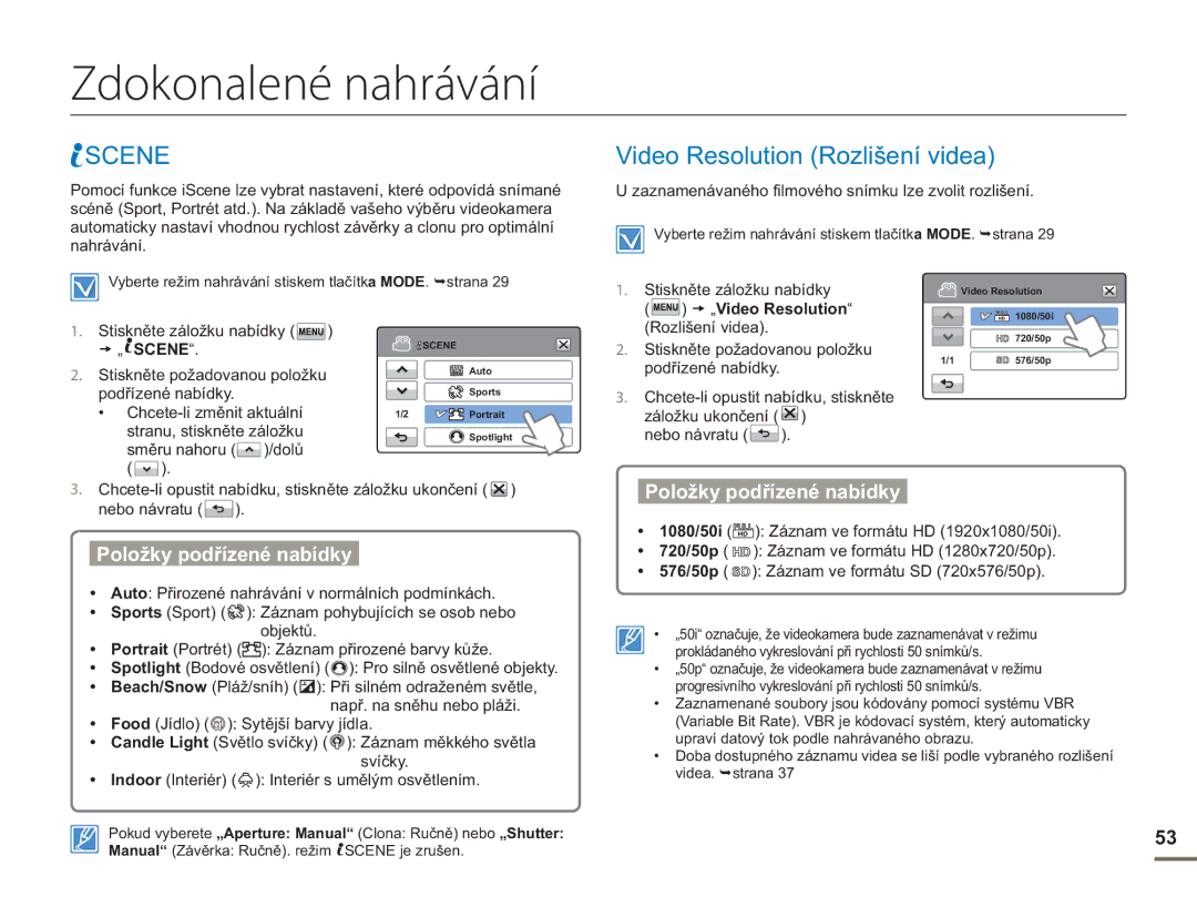 Samsung HMX-H400BP/EDC manual Zdokonalené nahrávání, Scene, Video Resolution Rozlišení videa, „Video Resolution 