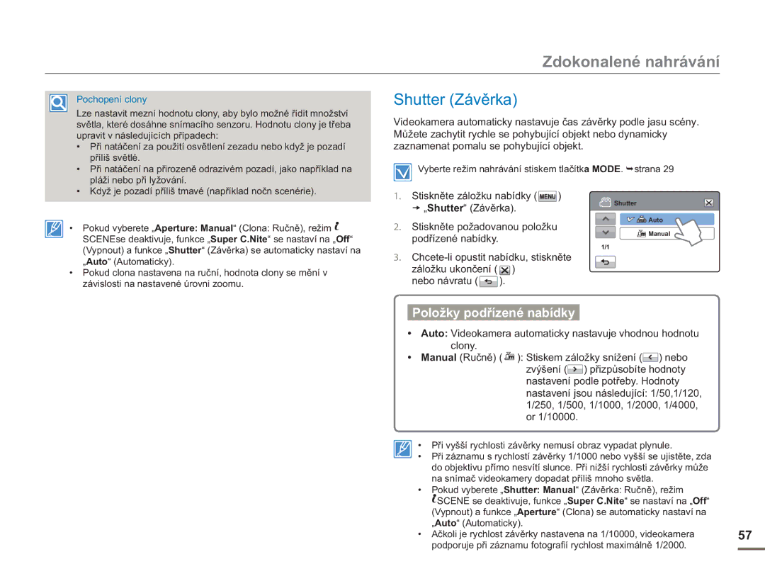 Samsung HMX-H400BP/EDC manual „Shutter Závěrka 