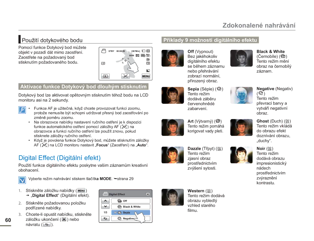 Samsung HMX-H400BP/EDC manual Digital Effect Digitální efekt, Příklady 9 možností digitálního efektu 