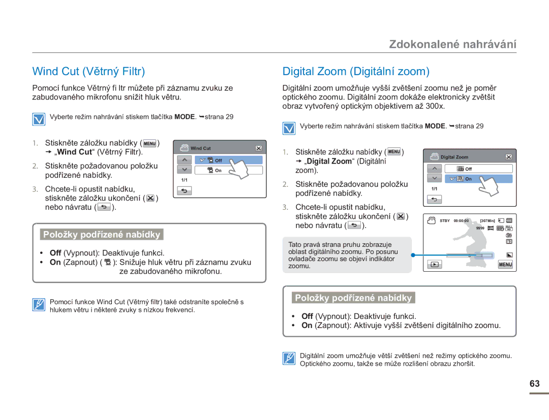 Samsung HMX-H400BP/EDC manual Wind Cut Větrný Filtr, Digital Zoom Digitální zoom 