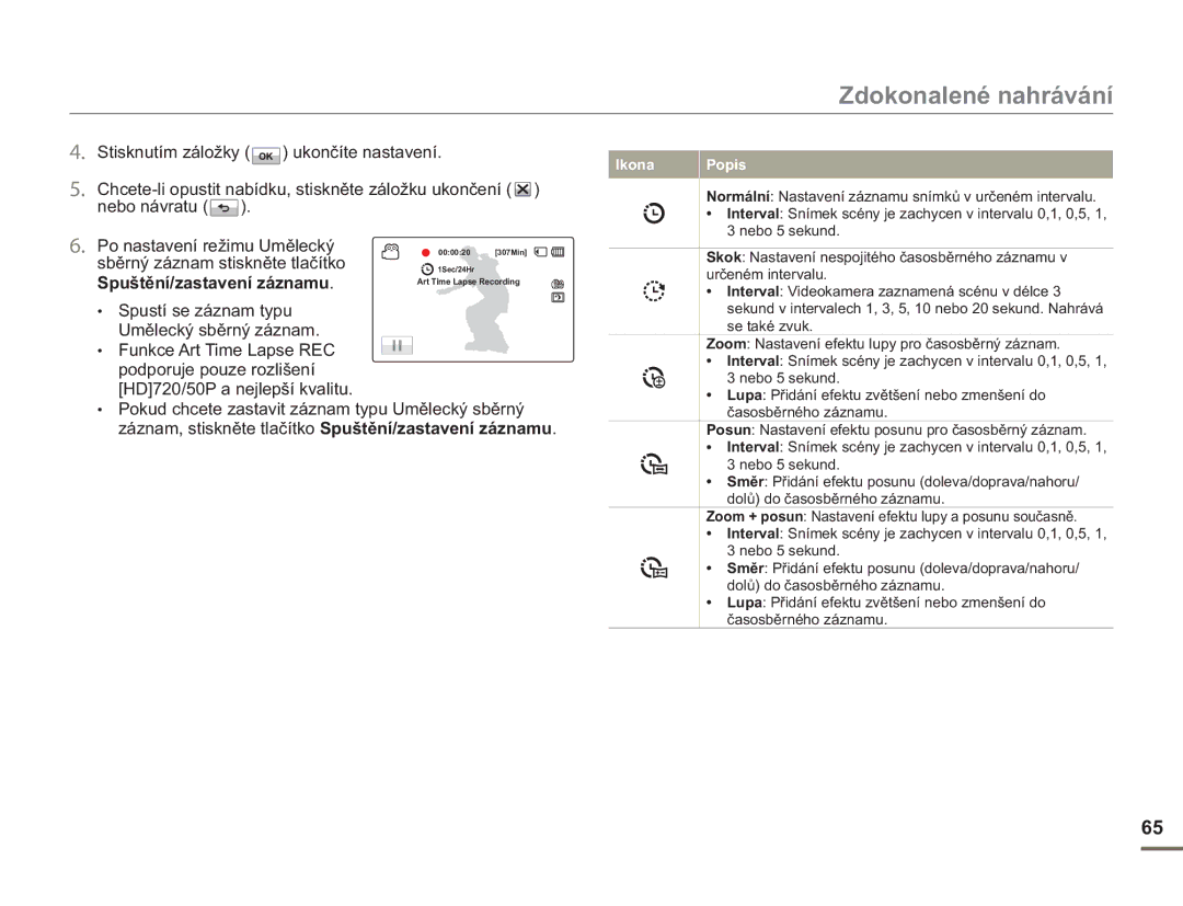 Samsung HMX-H400BP/EDC manual Po nastavení režimu Umělecký, Sběrný záznam stiskněte tlačítko, Spuštění/zastavení záznamu 