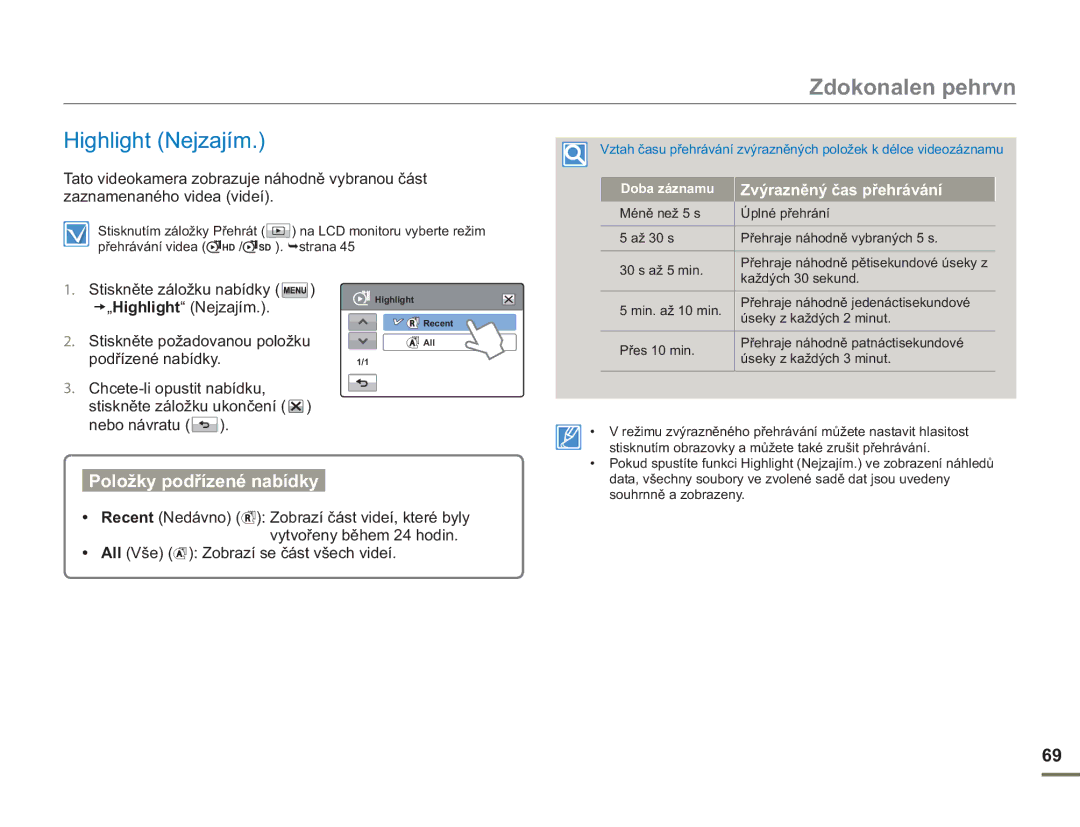 Samsung HMX-H400BP/EDC manual Zdokonalen pehrvn, „Highlight Nejzajím, All Vše Zobrazí se část všech videí 