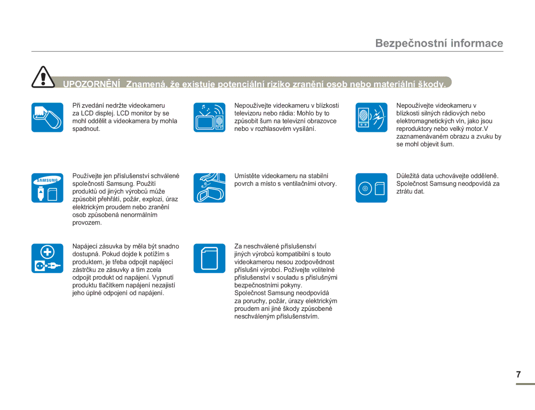 Samsung HMX-H400BP/EDC manual Bezpečnostní informace 