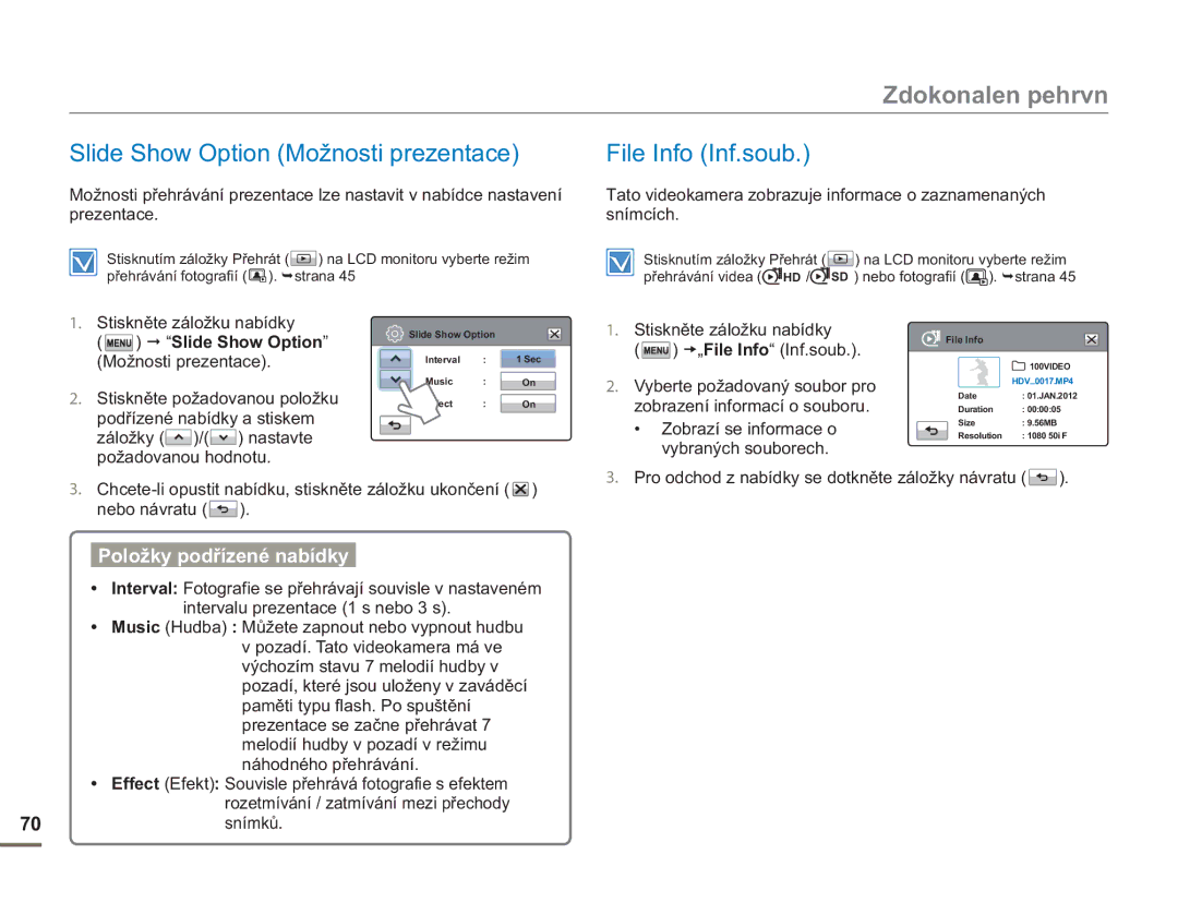 Samsung HMX-H400BP/EDC manual Slide Show Option Možnosti prezentace, File Info Inf.soub, 70 snímků 
