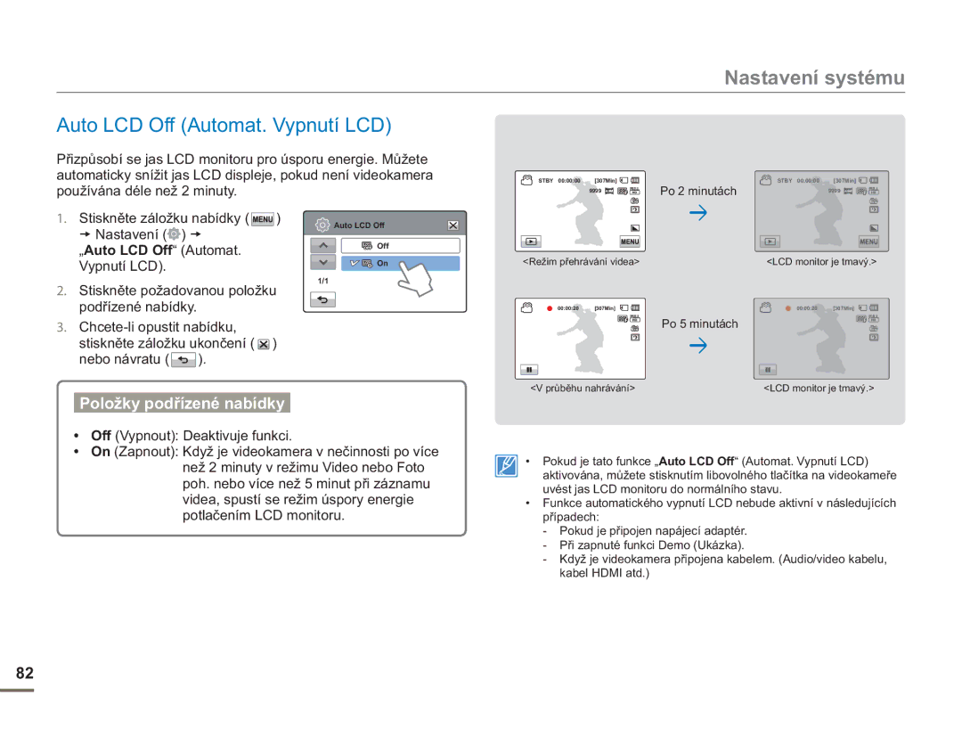 Samsung HMX-H400BP/EDC manual „Auto LCD Off Automat. Vypnutí LCD, Po 2 minutách 