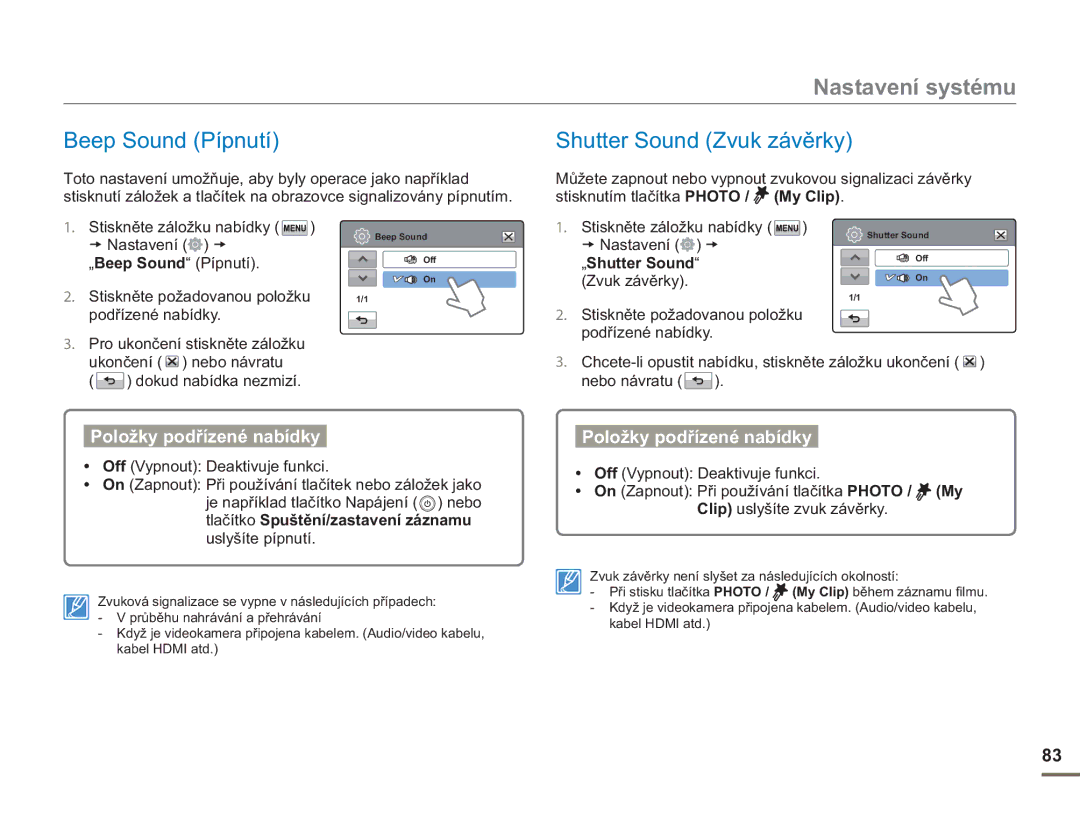 Samsung HMX-H400BP/EDC manual Beep Sound Pípnutí, Shutter Sound Zvuk závěrky, „Shutter Sound 