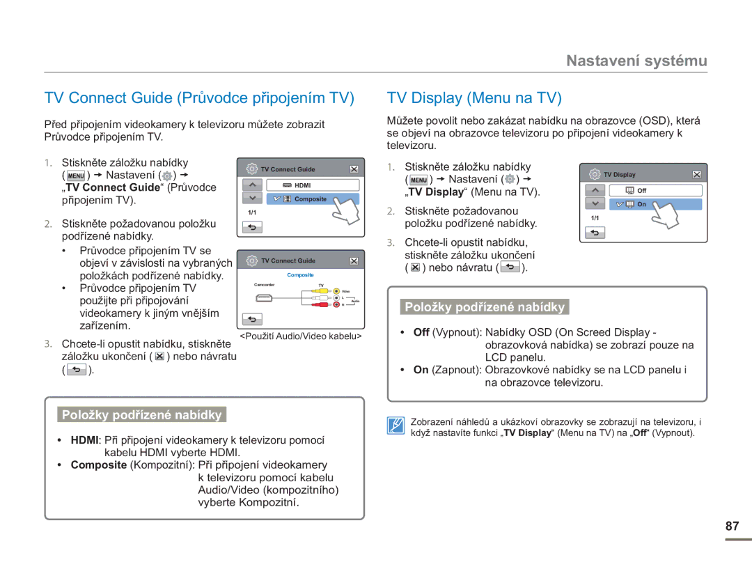 Samsung HMX-H400BP/EDC manual TV Connect Guide Průvodce připojením TV, TV Display Menu na TV, „TV Connect Guide Průvodce 