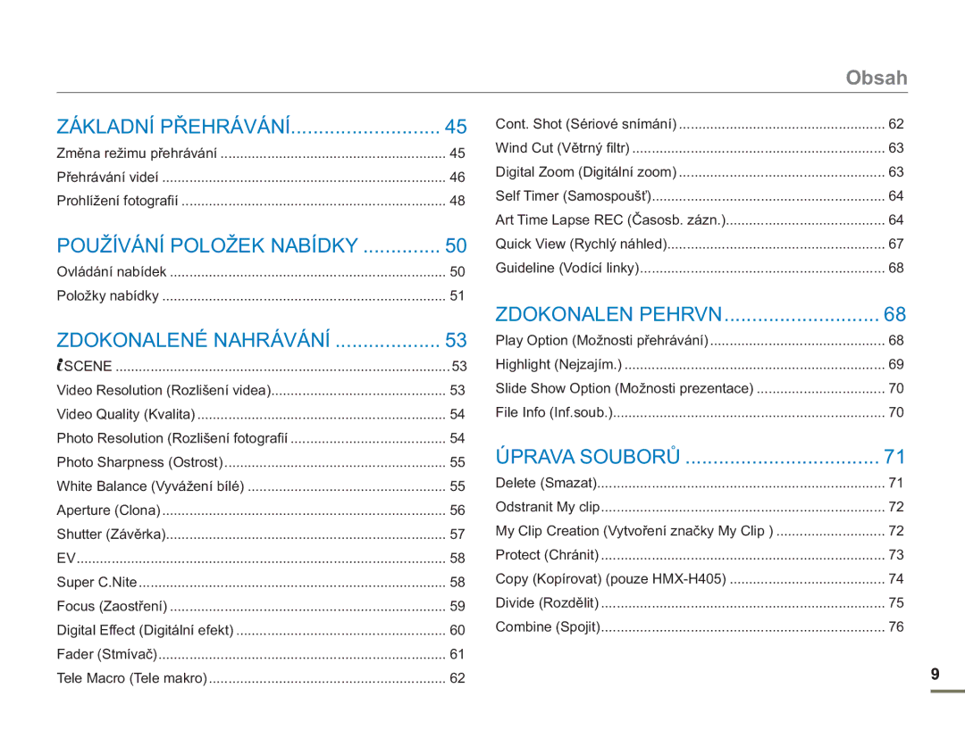 Samsung HMX-H400BP/EDC Obsah, Základní Přehrávání, Používání Položek Nabídky, Zdokonalené Nahrávání, Zdokonalen Pehrvn 