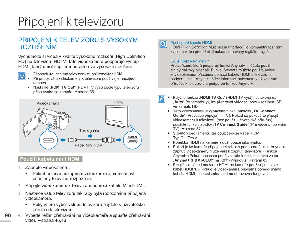 Samsung HMX-H400BP/EDC manual Připojení k televizoru, Připojení K Televizoru S Vysokým Rozlišením, Použití kabelu mini Hdmi 