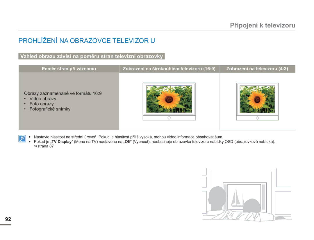 Samsung HMX-H400BP/EDC manual Prohlížení NA Obrazovce Televizor U, Vzhled obrazu závisí na poměru stran televizní obrazovky 