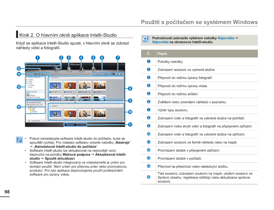 Samsung HMX-H400BP/EDC manual Krok 2. O hlavním okně aplikace Intelli-Studio 