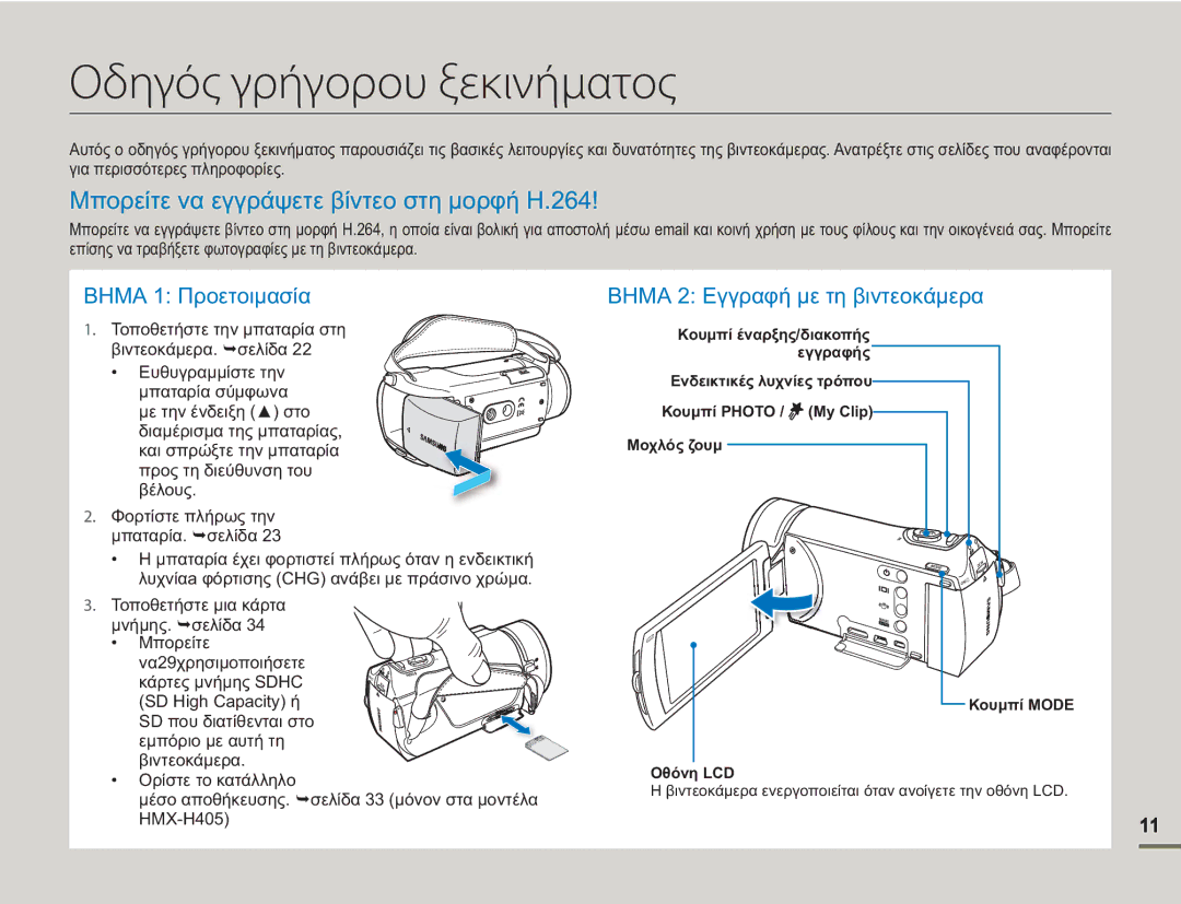 Samsung HMX-H400BP/EDC manual Οδηγός γρήγορου ξεκινήματος, Μπορείτε να εγγράψετε βίντεο στη μορφή H.264 