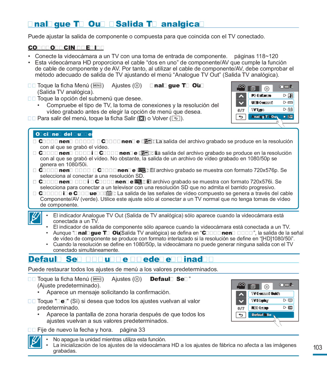 Samsung HMX-M20BP/EDC manual Analogue TV Out Salida TV analógica, Default Set Ajuste predeterminado 