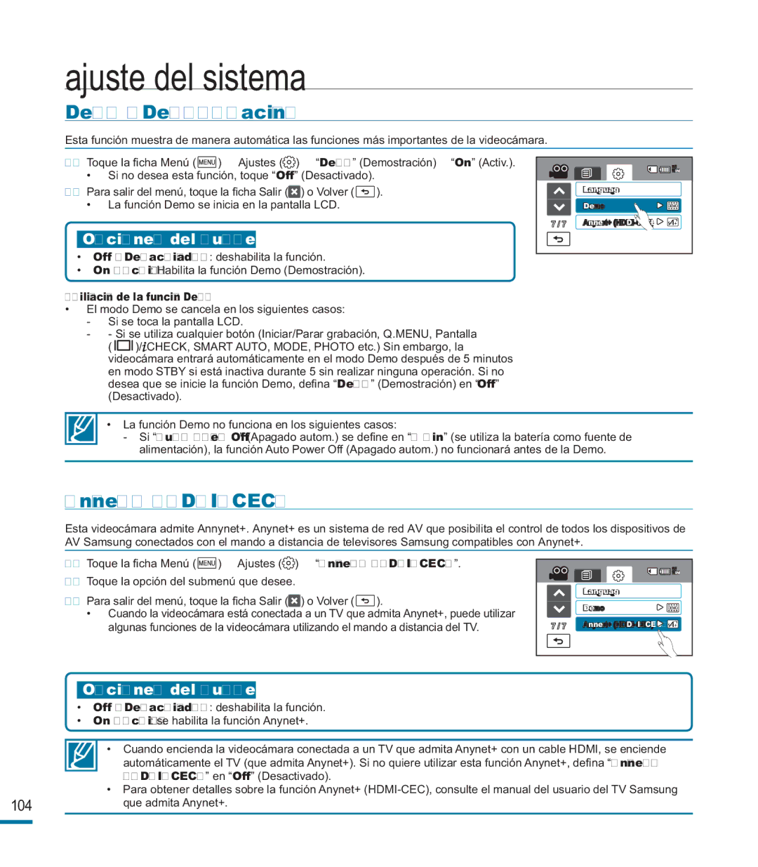 Samsung HMX-M20BP/EDC manual Demo Demostración, Anynet+ HDMI-CEC 