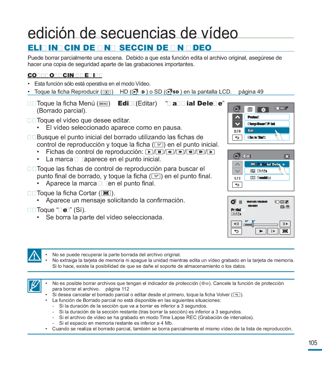 Samsung HMX-M20BP/EDC manual Edición de secuencias de vídeo, Eliminación DE UNA Sección DE UN Vídeo 