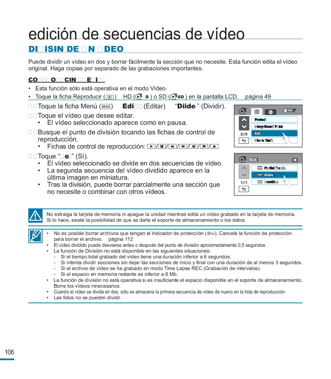 Samsung HMX-M20BP/EDC manual División DE UN Vídeo, Tras la división, puede borrar parcialmente una sección que 