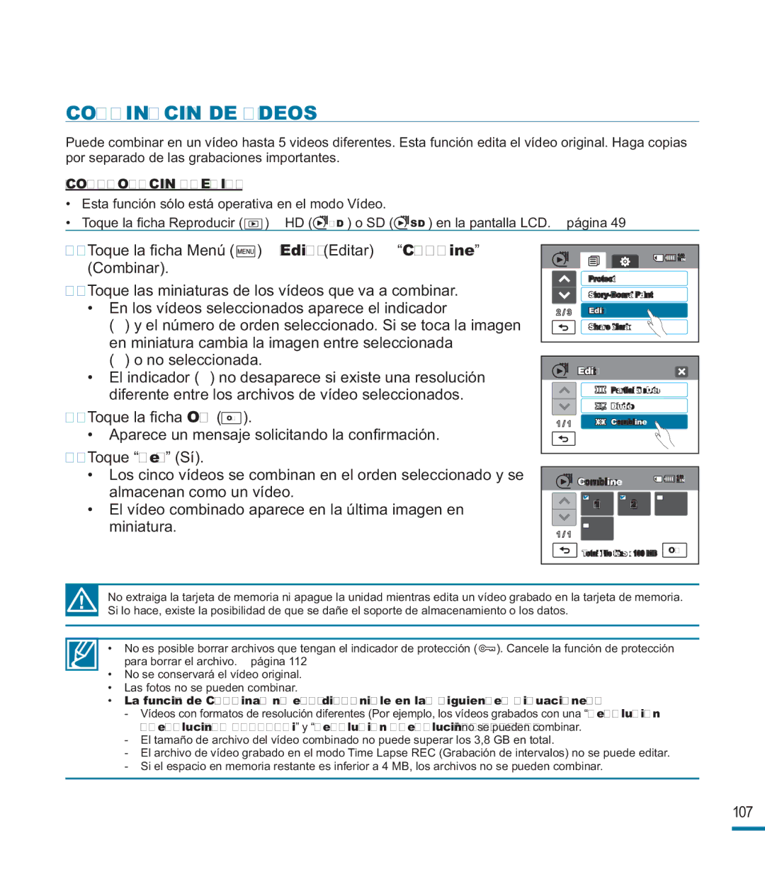 Samsung HMX-M20BP/EDC manual Combinación DE Vídeos, Combine 