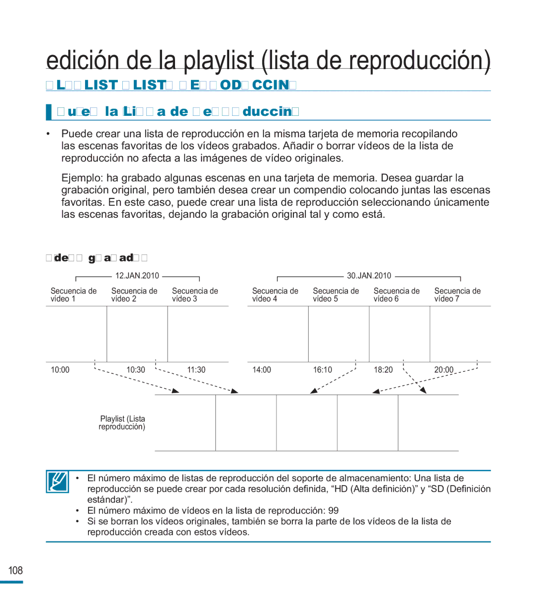 Samsung HMX-M20BP/EDC manual Playlist Lista Reproducción, ¿Qué es la Lista de reproducción?, Vídeos grabados 