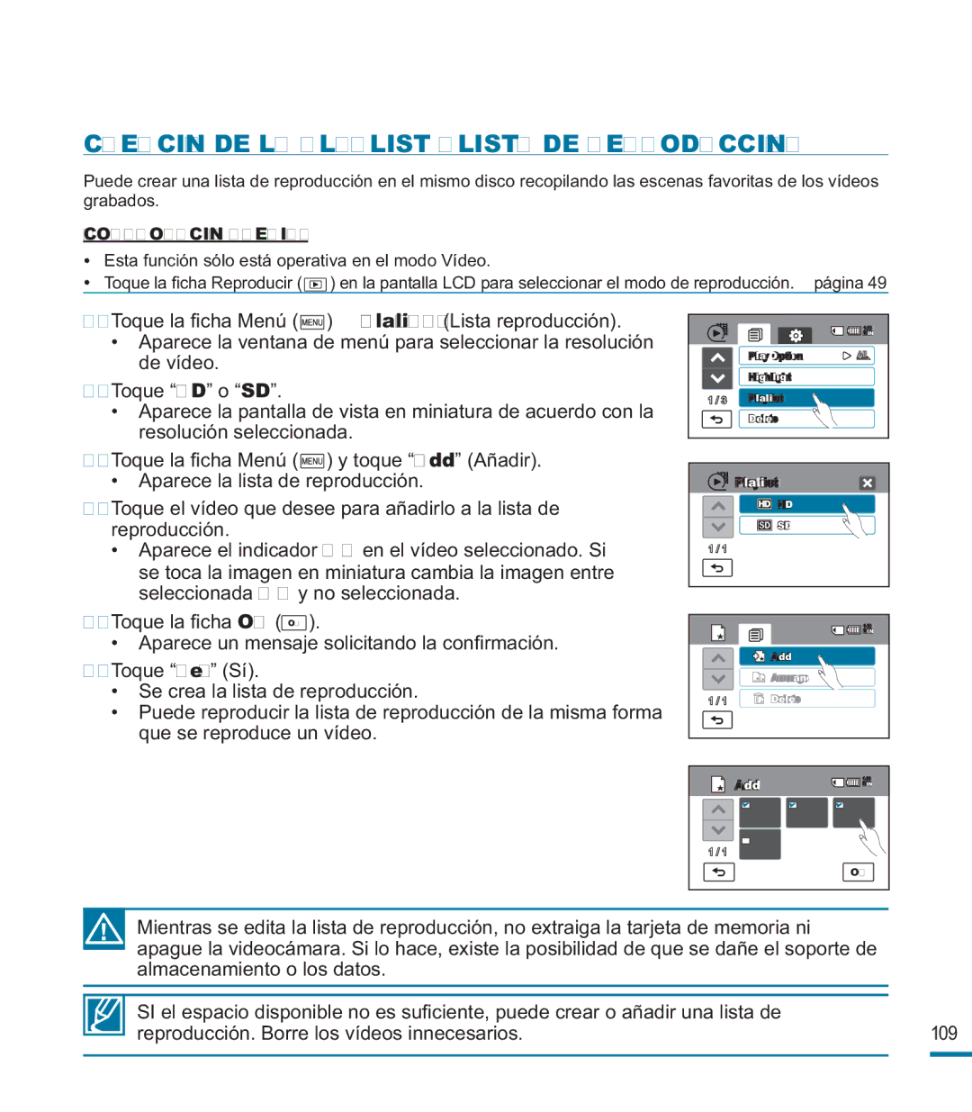 Samsung HMX-M20BP/EDC manual Creación DE LA Playlist Lista DE Reproducción 