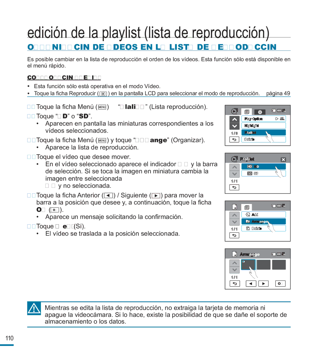 Samsung HMX-M20BP/EDC manual Organización DE Vídeos EN LA Lista DE Reproducción 