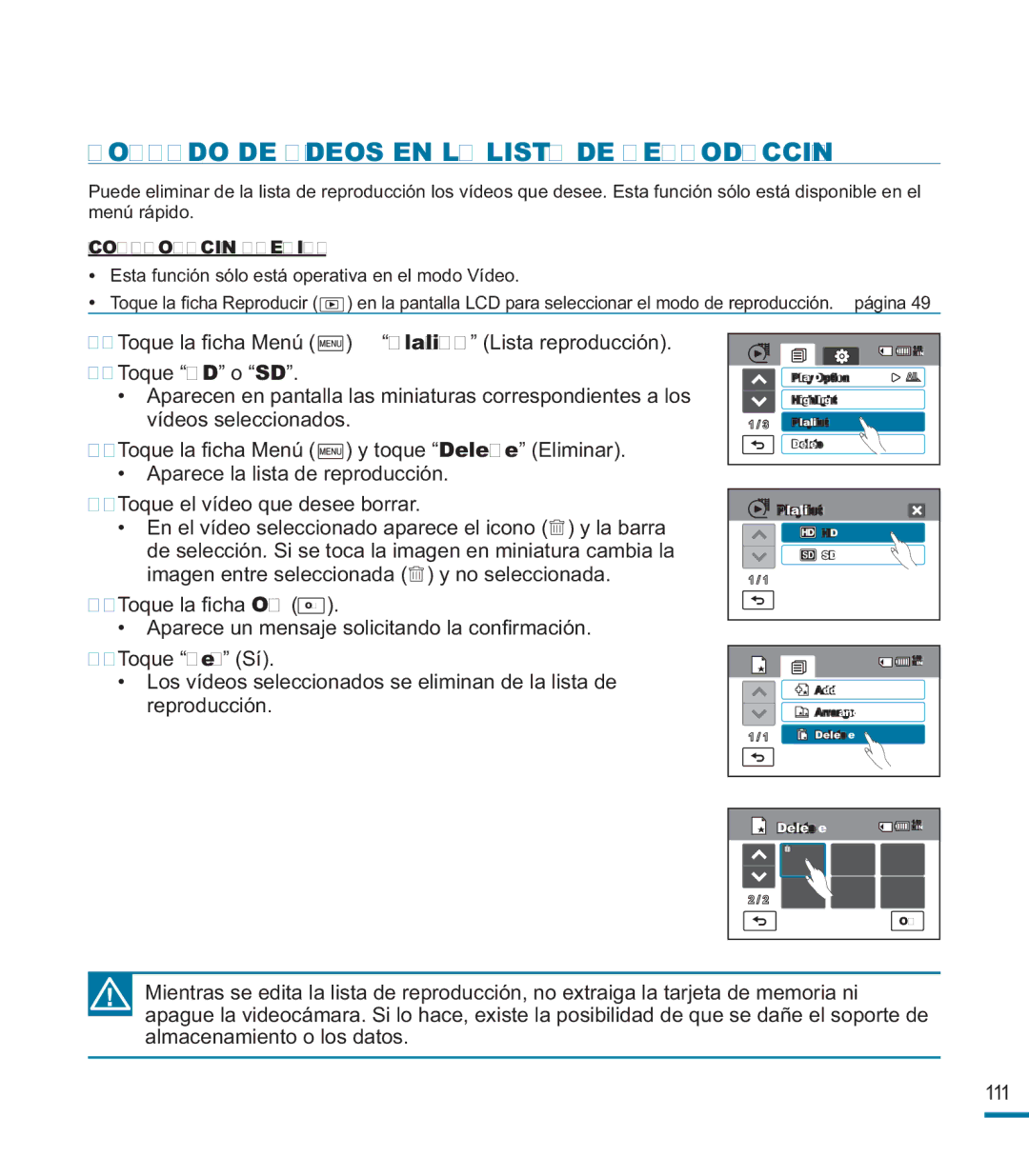 Samsung HMX-M20BP/EDC manual Borrado DE Vídeos EN LA Lista DE Reproducción 