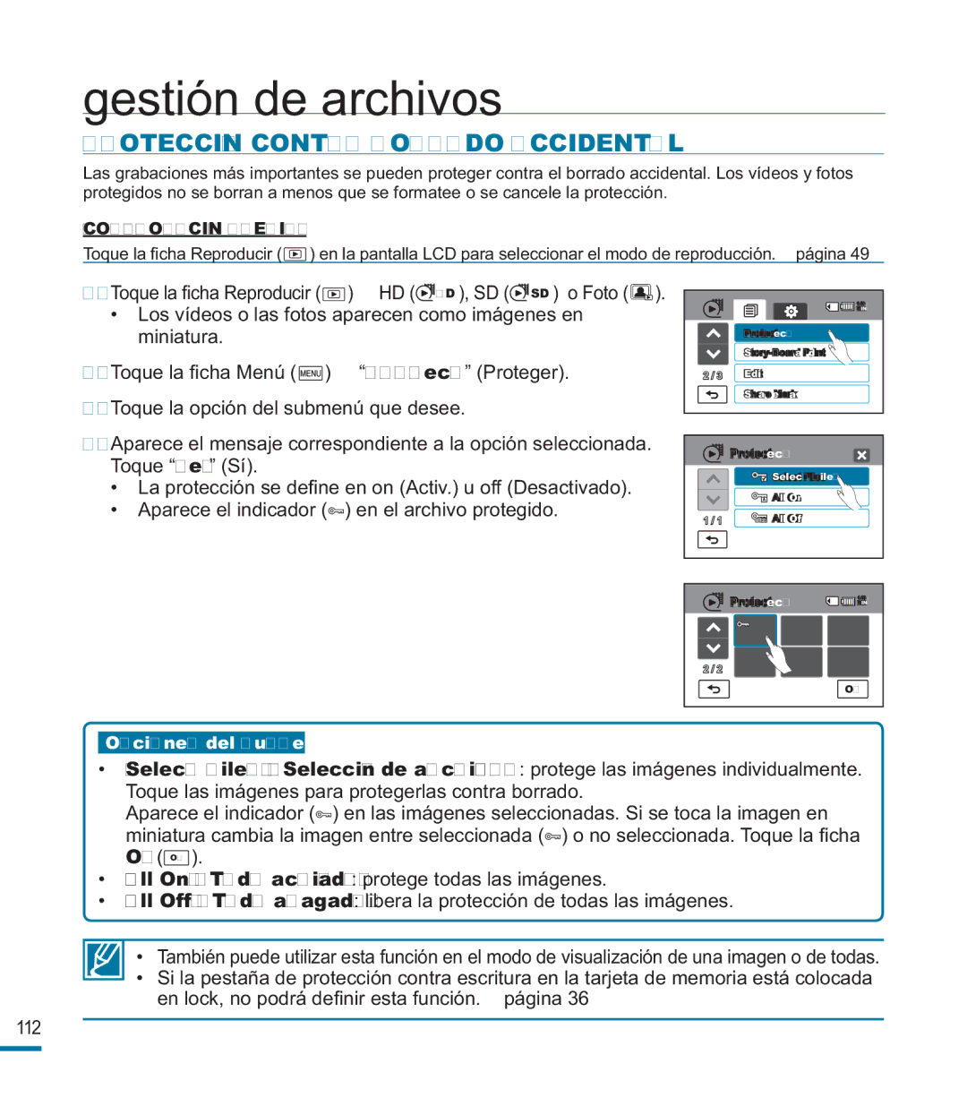 Samsung HMX-M20BP/EDC manual Gestión de archivos, Protección Contra Borrado Accidental 