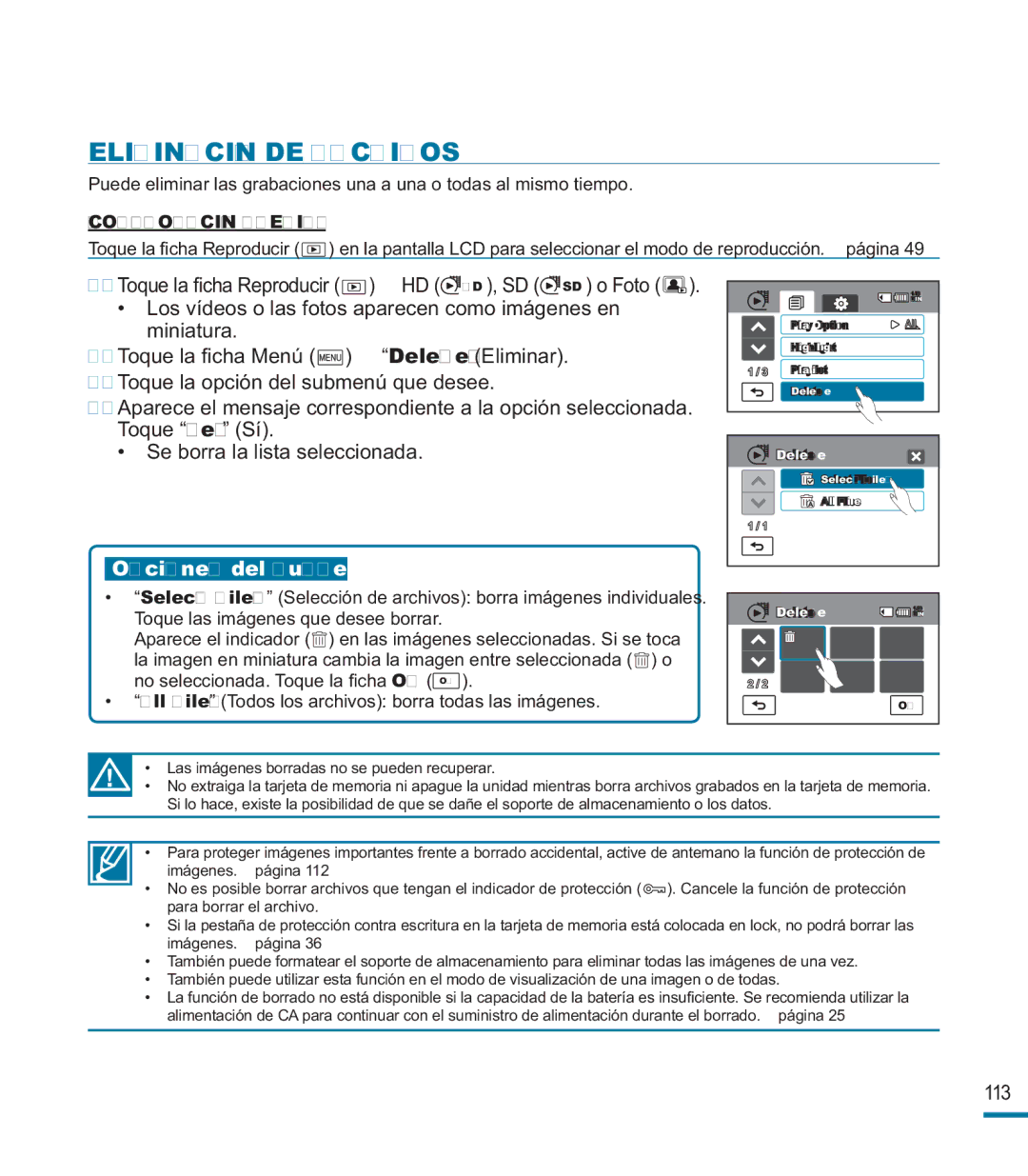 Samsung HMX-M20BP/EDC manual Eliminación DE Archivos, Opciones del submenú 