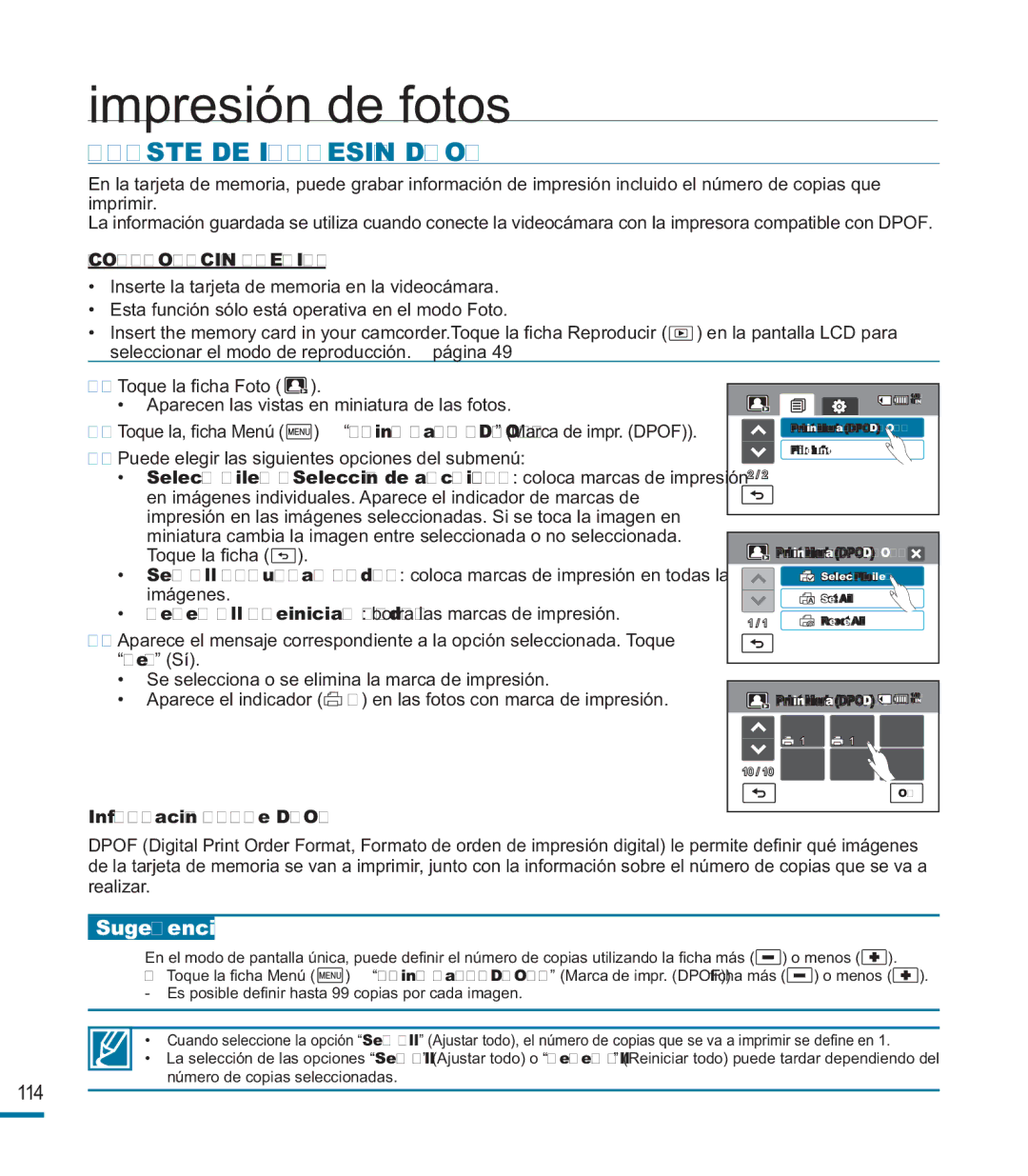 Samsung HMX-M20BP/EDC manual Impresión de fotos, Ajuste DE Impresión Dpof, Sugerencia, Información sobre Dpof 