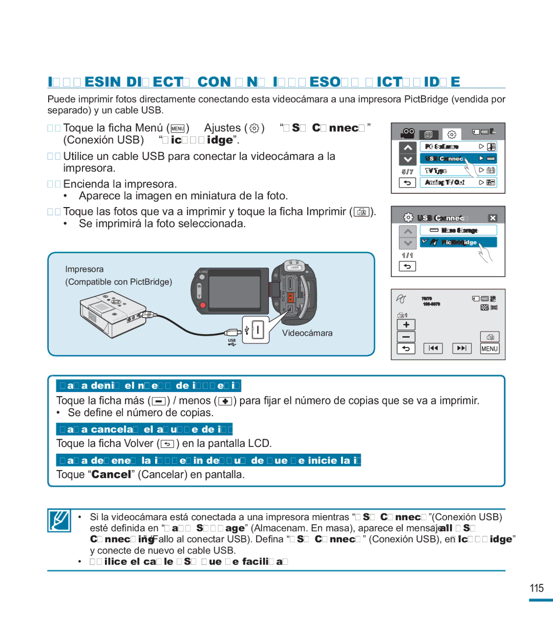 Samsung HMX-M20BP/EDC manual Impresión Directa CON UNA Impresora Pictbridge, Utilice el cable USB que se facilita 