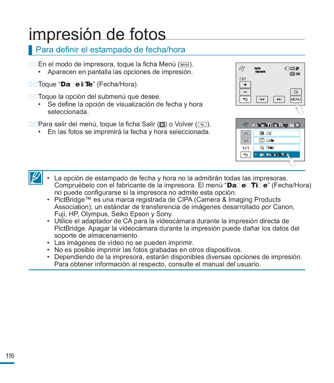 Samsung HMX-M20BP/EDC manual Para deﬁ nir el estampado de fecha/hora 