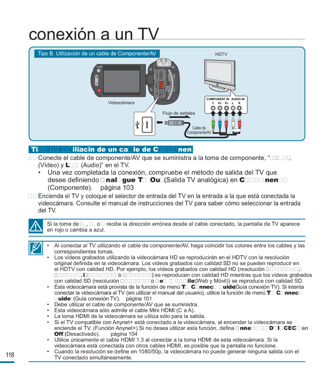 Samsung HMX-M20BP/EDC manual Tipo B. Utilización de un cable de Componente/AV, Correspondientes tomas 