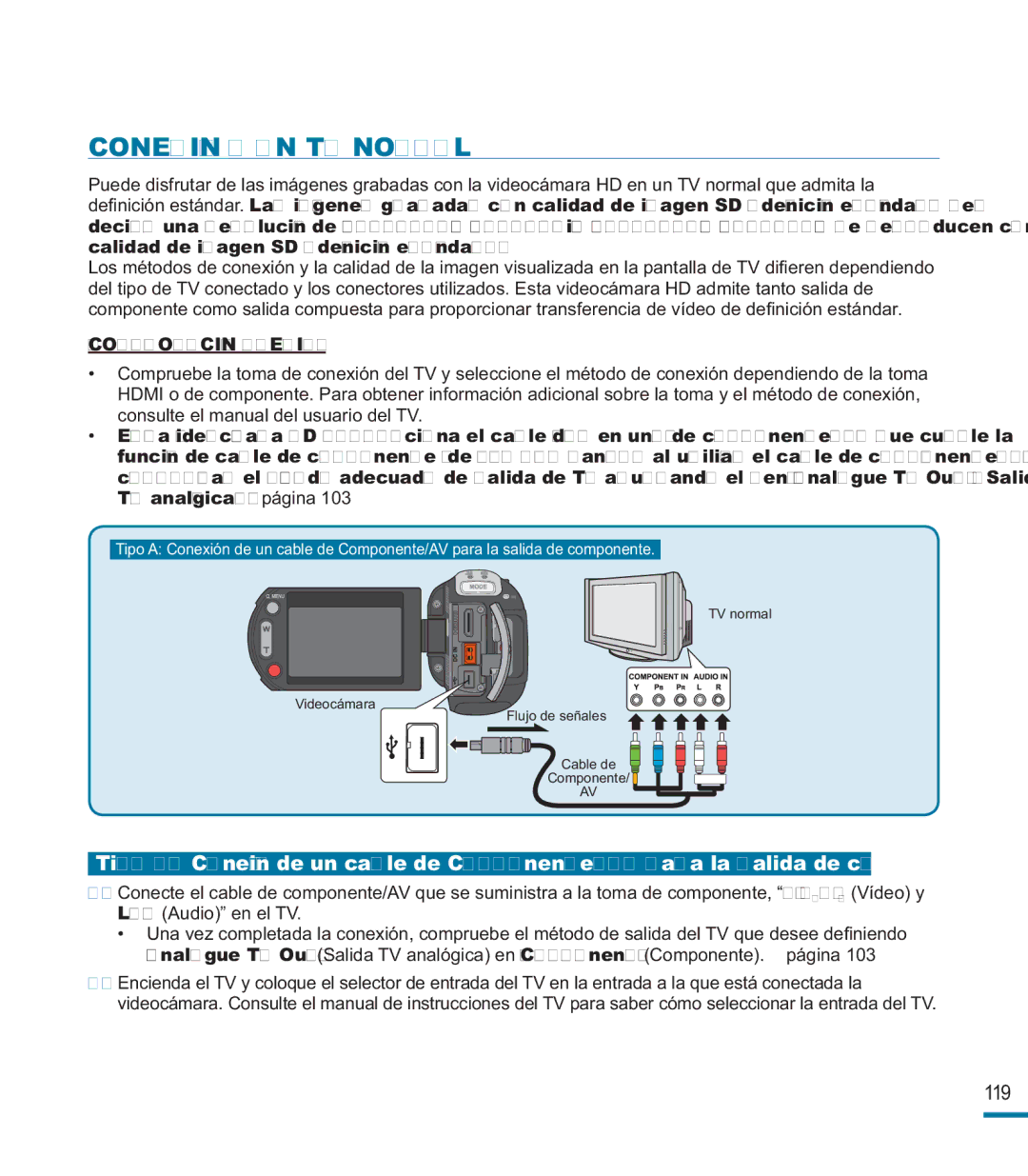 Samsung HMX-M20BP/EDC manual Conexión a UN TV Normal 