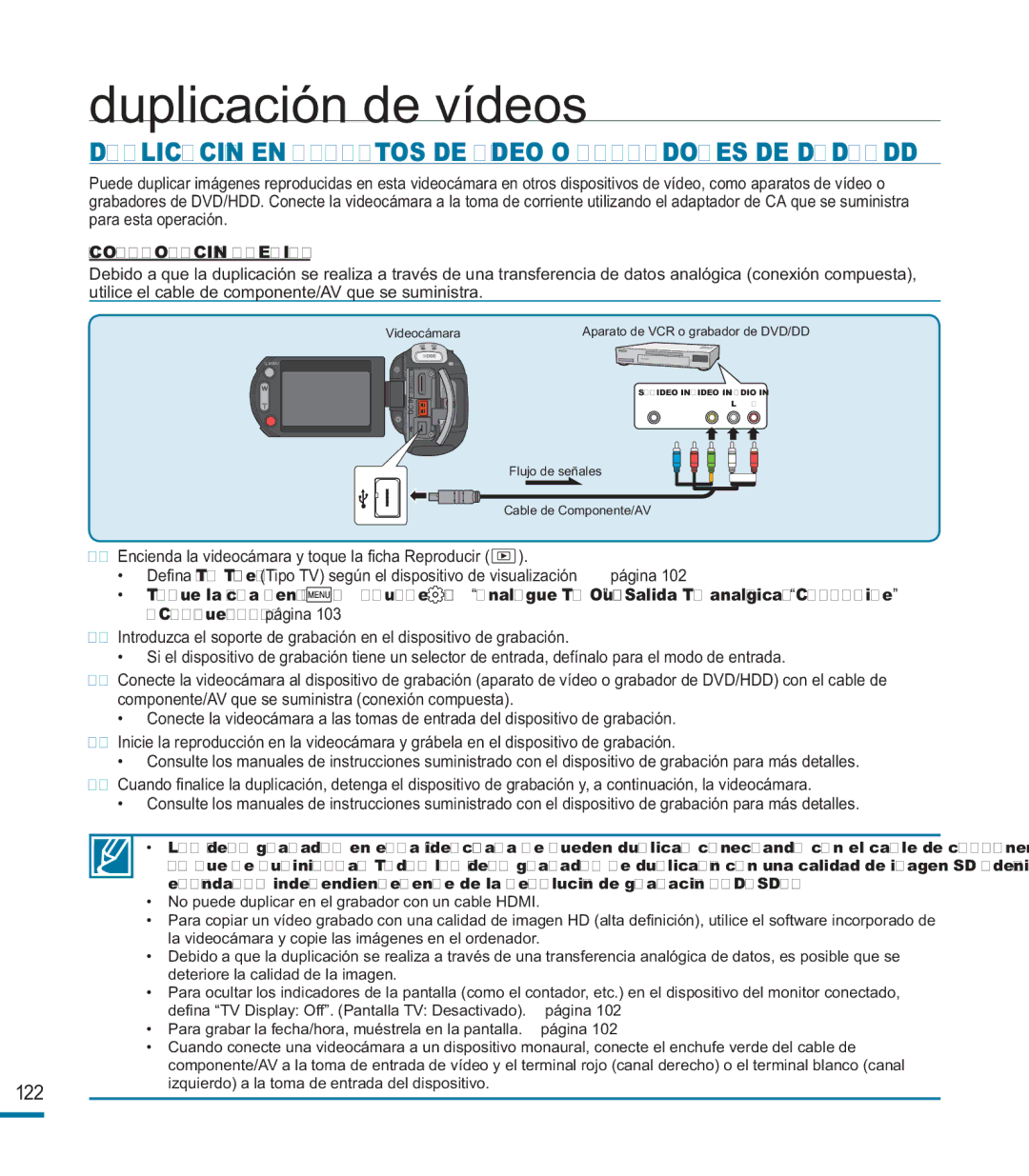 Samsung HMX-M20BP/EDC Duplicación de vídeos, Duplicación EN Aparatos DE Vídeo O Grabadores DE DVD/HDD, Toque la ﬁcha Menú 