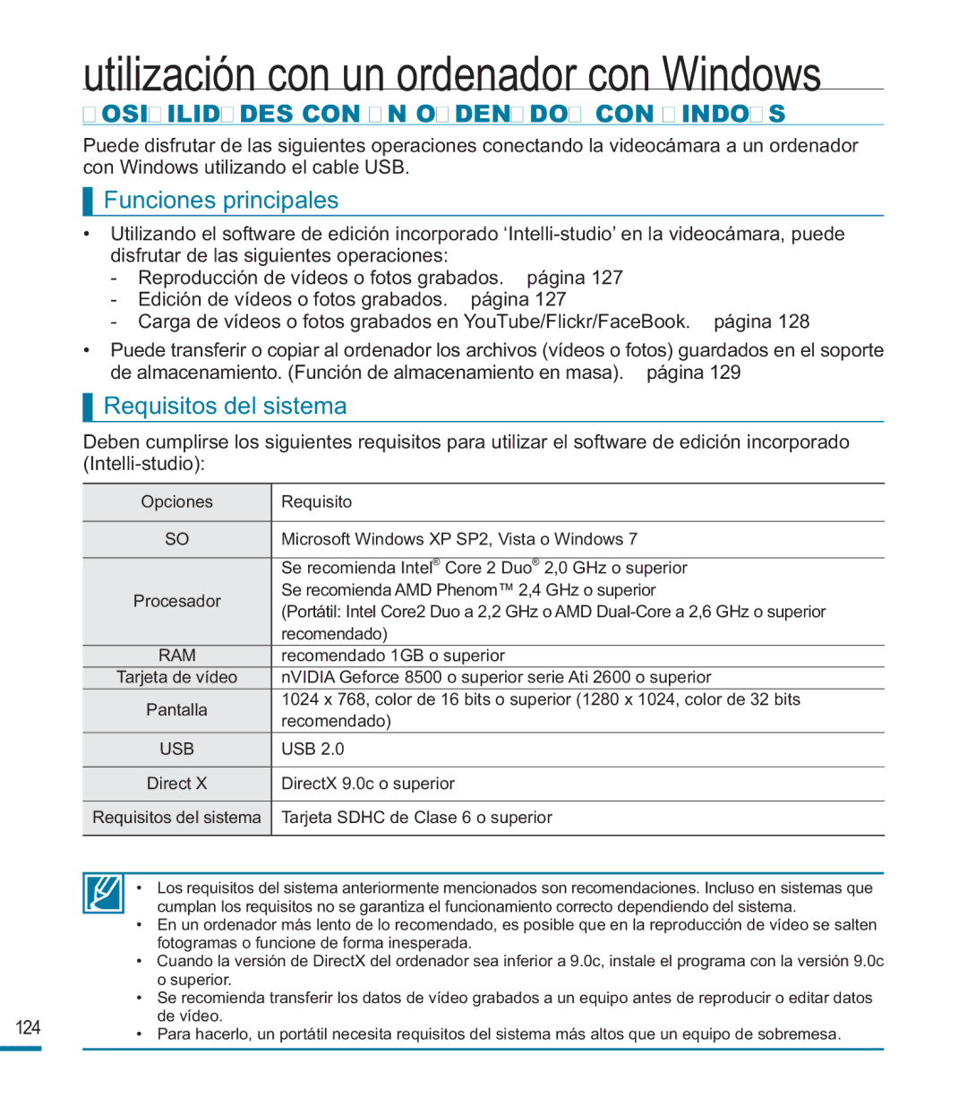 Samsung HMX-M20BP/EDC manual Posibilidades CON UN Ordenador CON Windows, Funciones principales, Requisitos del sistema 