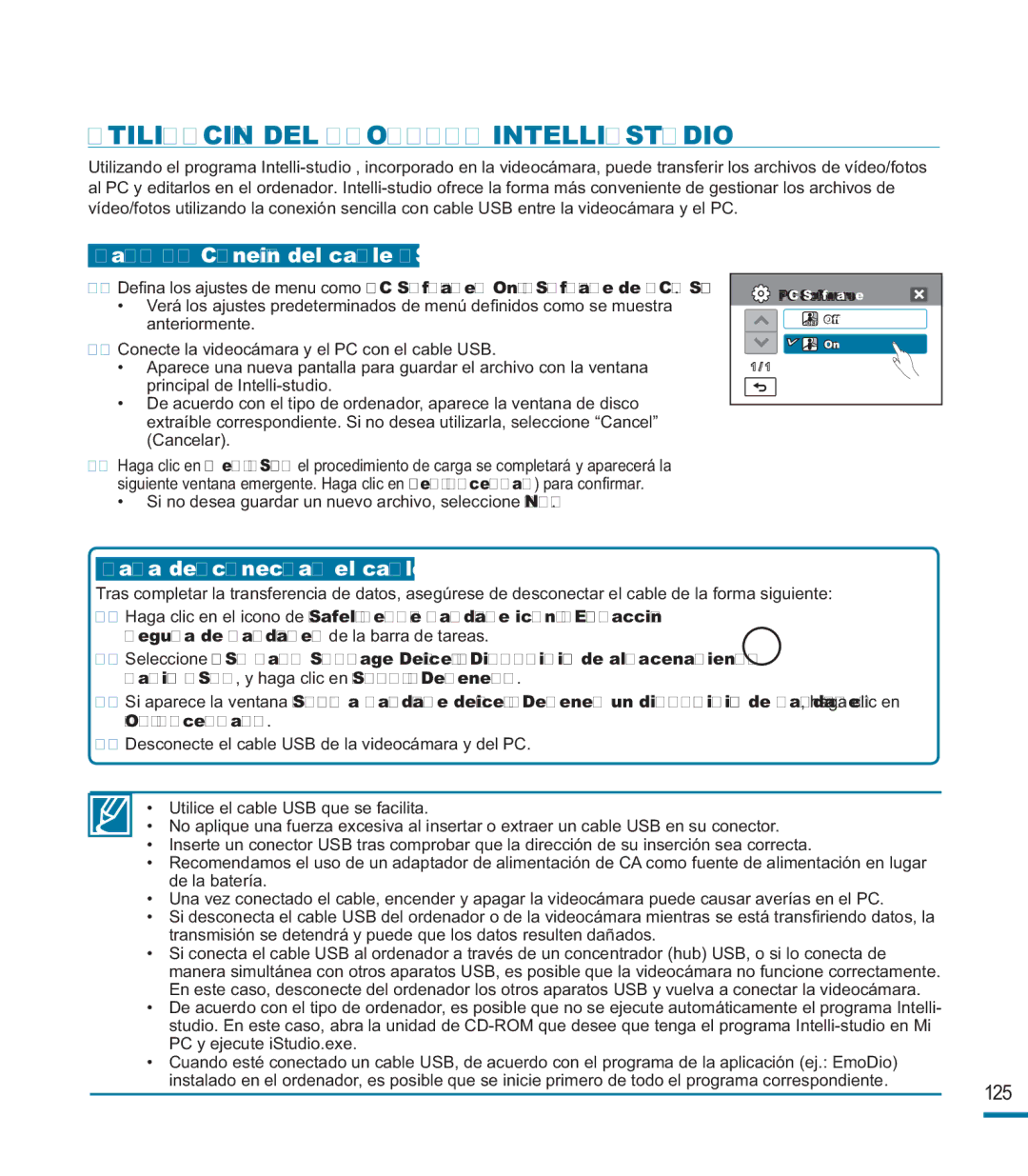 Samsung HMX-M20BP/EDC manual Utilización DEL Programa INTELLI-STUDIO, Paso 1. Conexión del cable USB 