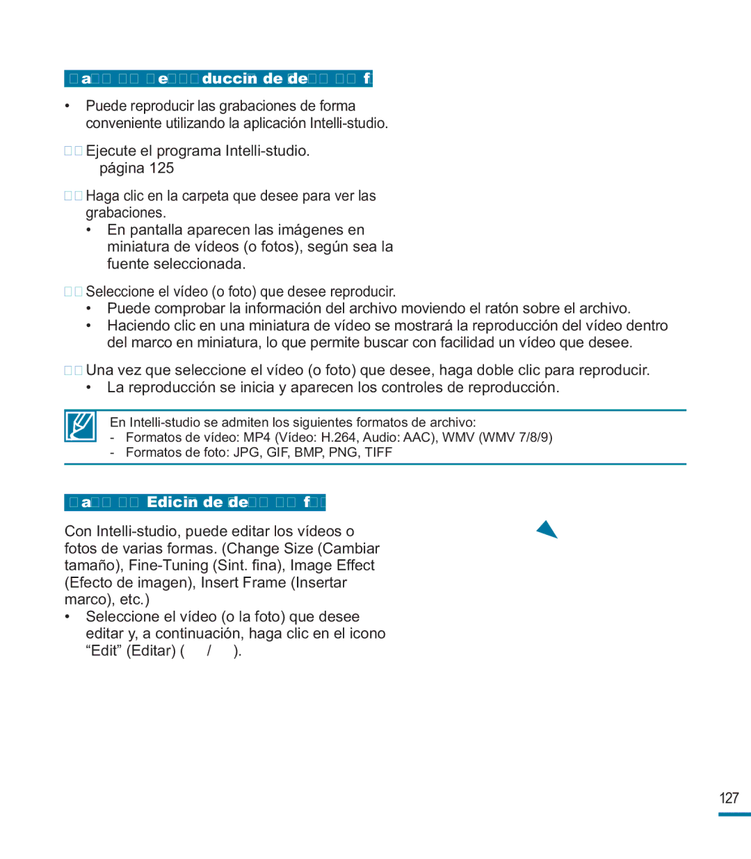 Samsung HMX-M20BP/EDC manual Paso 3. Reproducción de vídeos o fotos, Paso 4. Edición de vídeos o fotos 