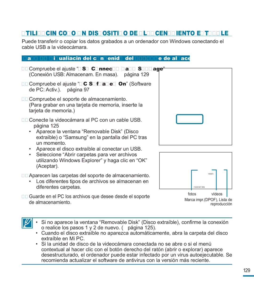 Samsung HMX-M20BP/EDC manual Utilización Como UN Dispositivo DE Almacenamiento Extraíble 