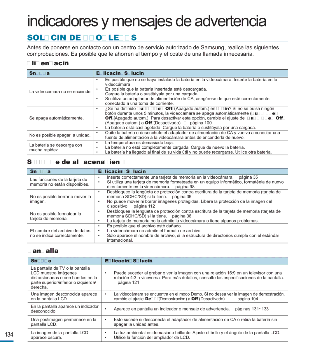 Samsung HMX-M20BP/EDC manual Solución DE Problemas, Alimentación, Pantalla 