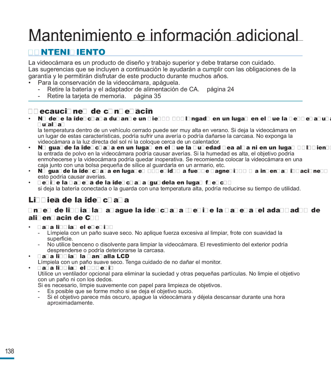 Samsung HMX-M20BP/EDC manual Mantenimiento e información adicional, Para limpiar el exterior, Para limpiar la pantalla LCD 