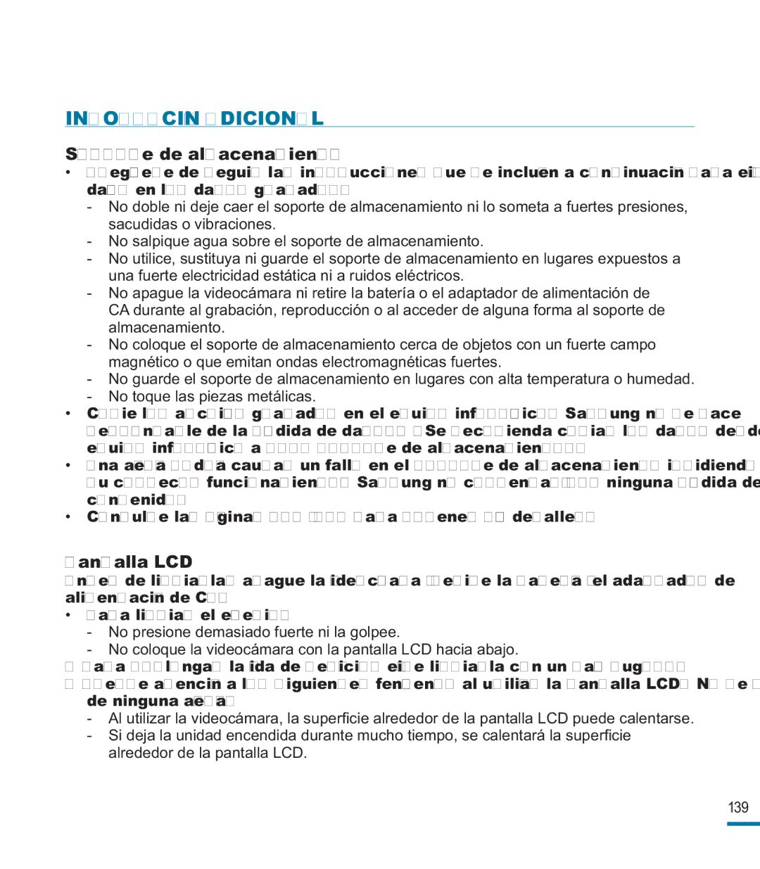 Samsung HMX-M20BP/EDC manual Información Adicional, Soporte de almacenamiento 