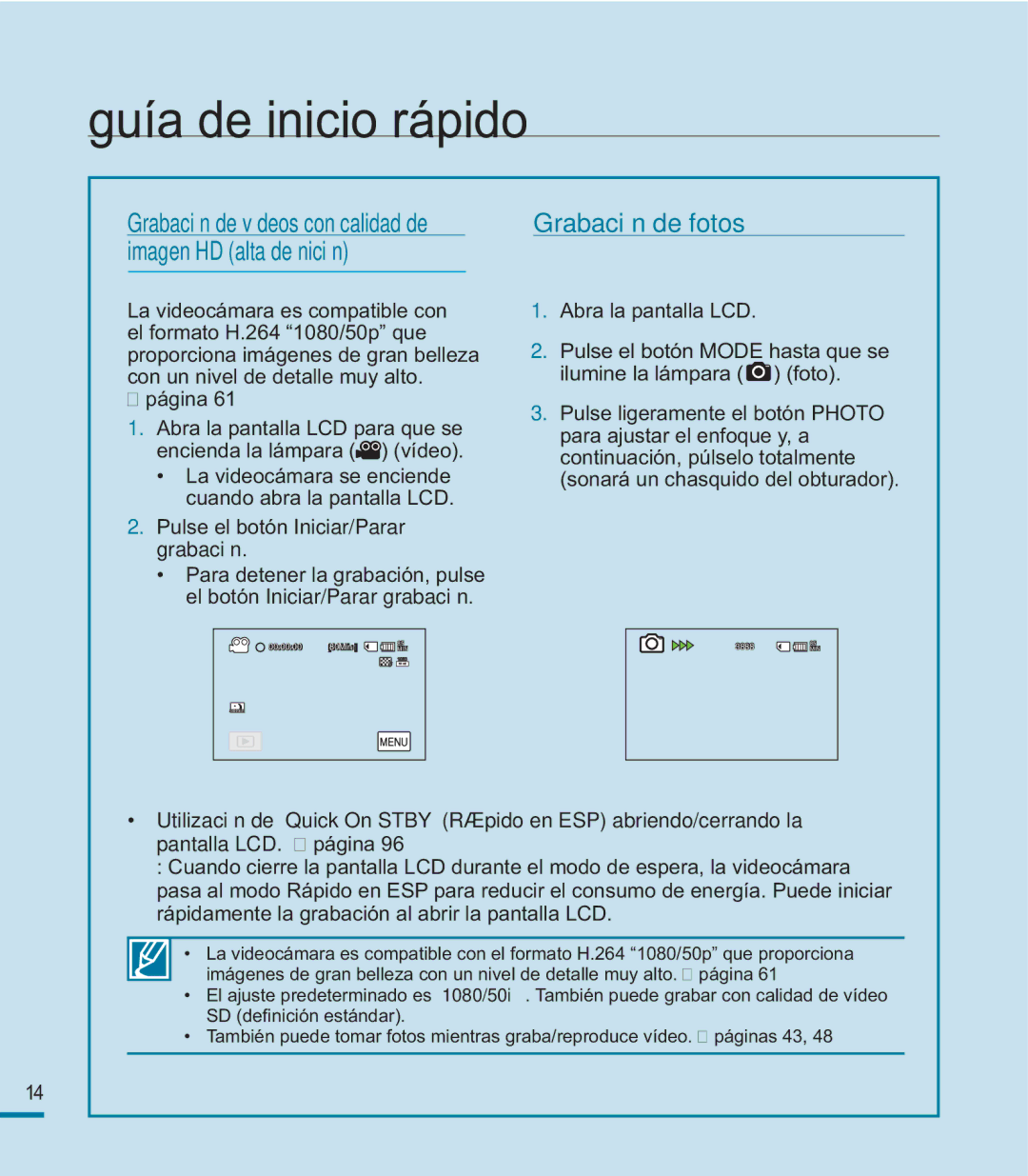 Samsung HMX-M20BP/EDC manual Grabación de fotos, Grabación de vídeos con calidad de imagen HD alta deﬁnición 