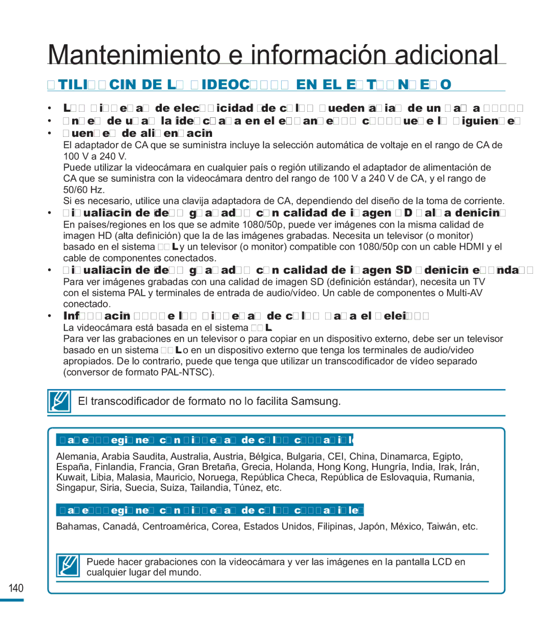 Samsung HMX-M20BP/EDC manual Utilización DE LA Videocámara EN EL Extranjero 