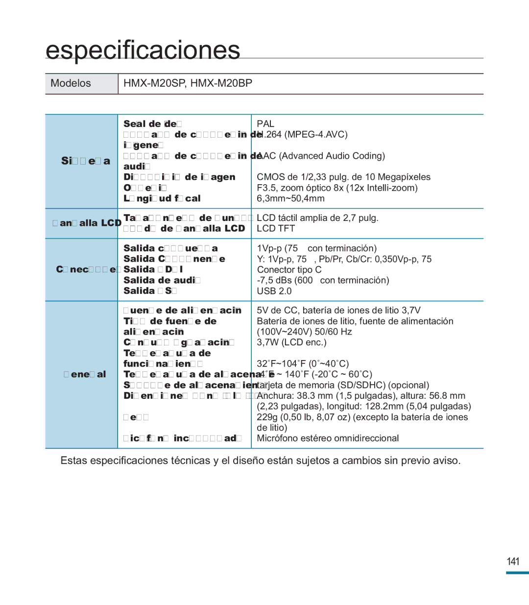 Samsung HMX-M20BP/EDC manual Especiﬁcaciones 