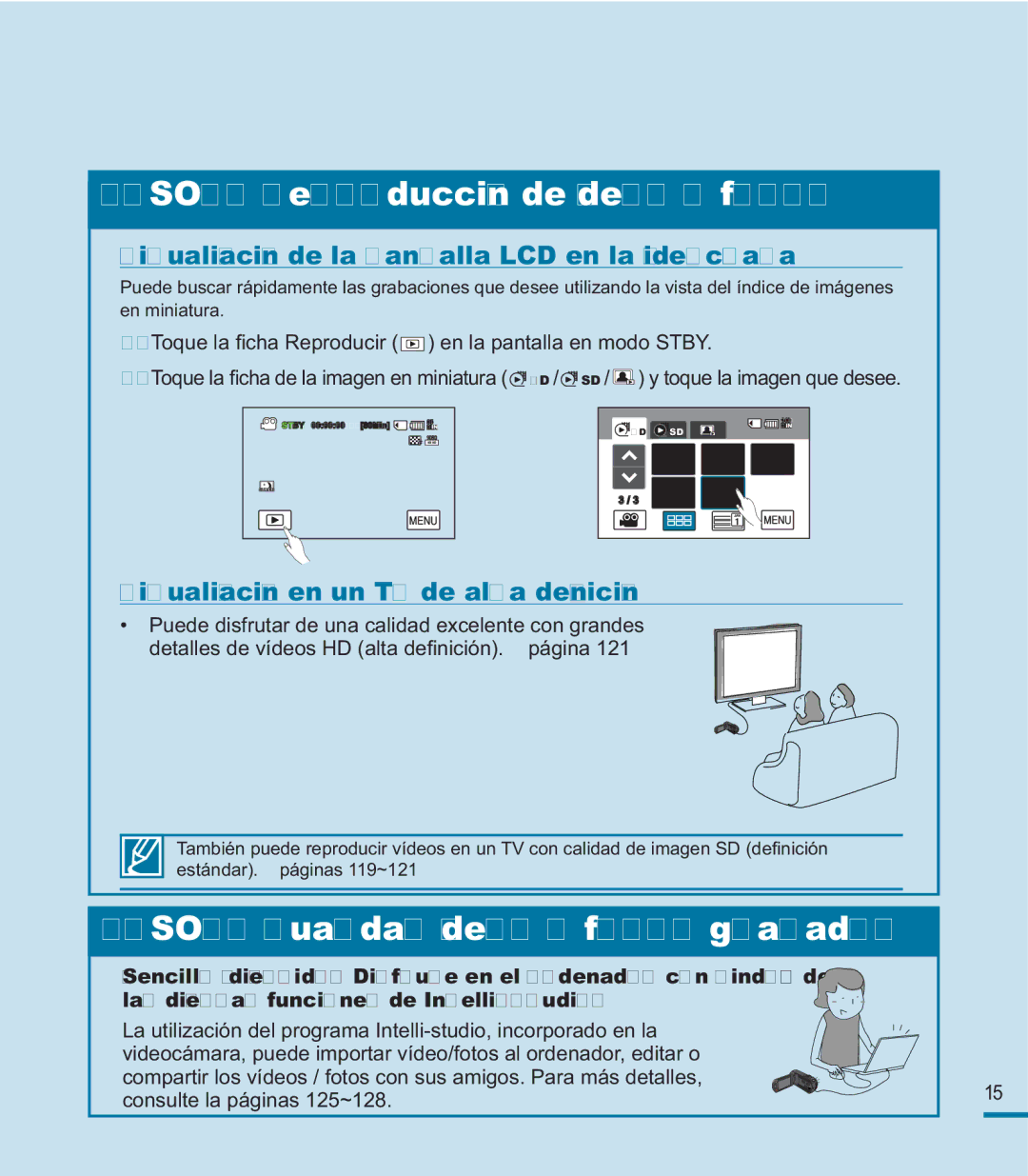 Samsung HMX-M20BP/EDC manual Visualización de la pantalla LCD en la videocámara, Visualización en un TV de alta deﬁnición 